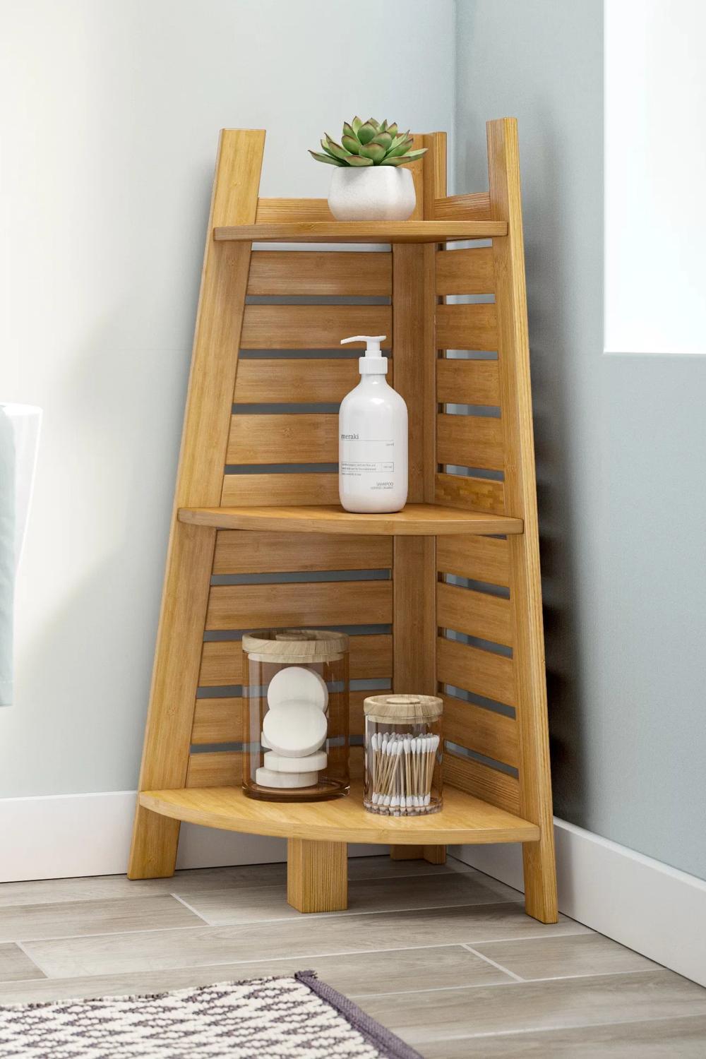 Open slatted bamboo corner shelf for natural bathroom design.