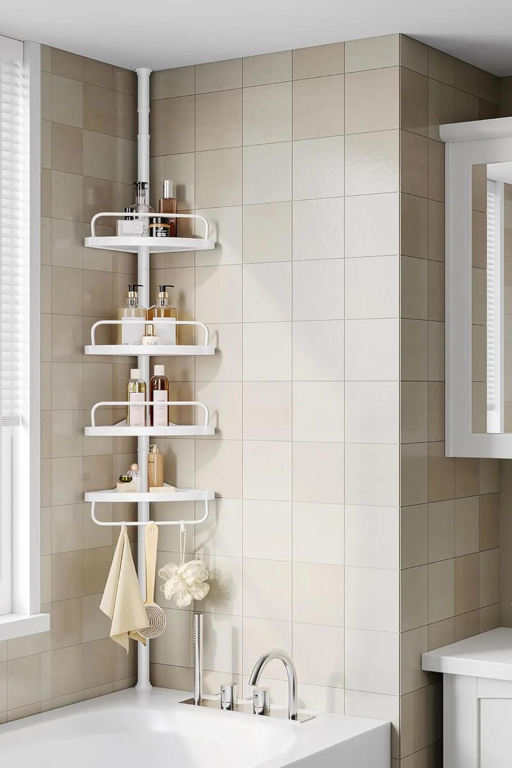 Sleek white corner shelving with a modern curved design.