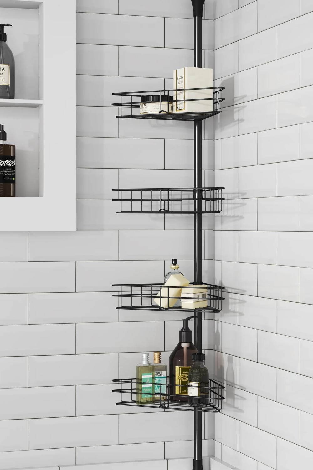 Three-tier metal corner baskets for bathroom organization.
