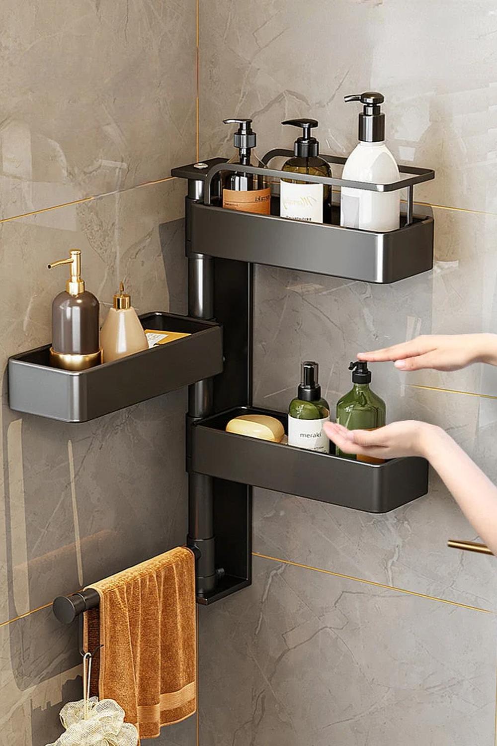 Matte black corner shelf with an attached towel bar.