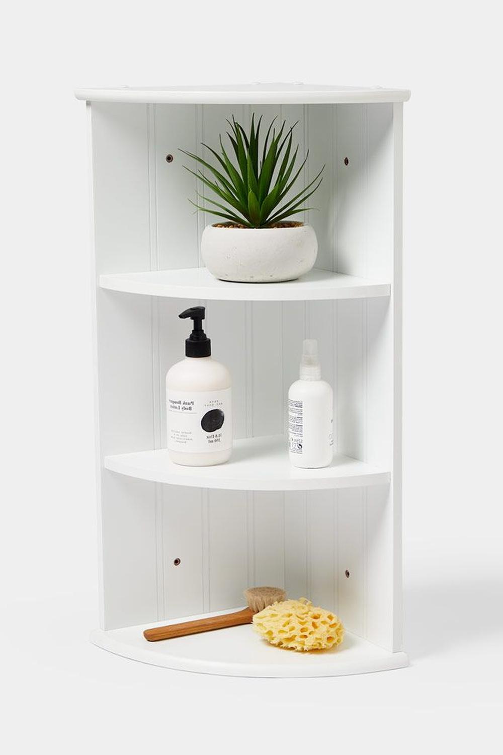 Two-tier acrylic corner shelf for bathroom organization.