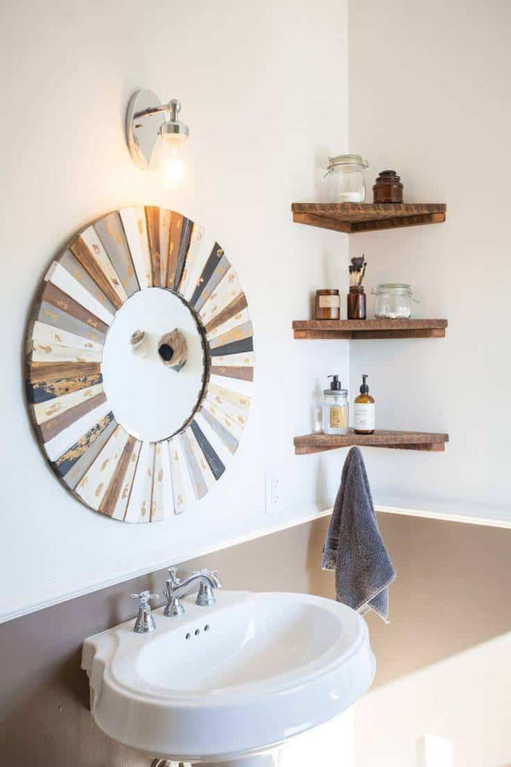 Rustic wooden corner shelf designed for bathroom decor.