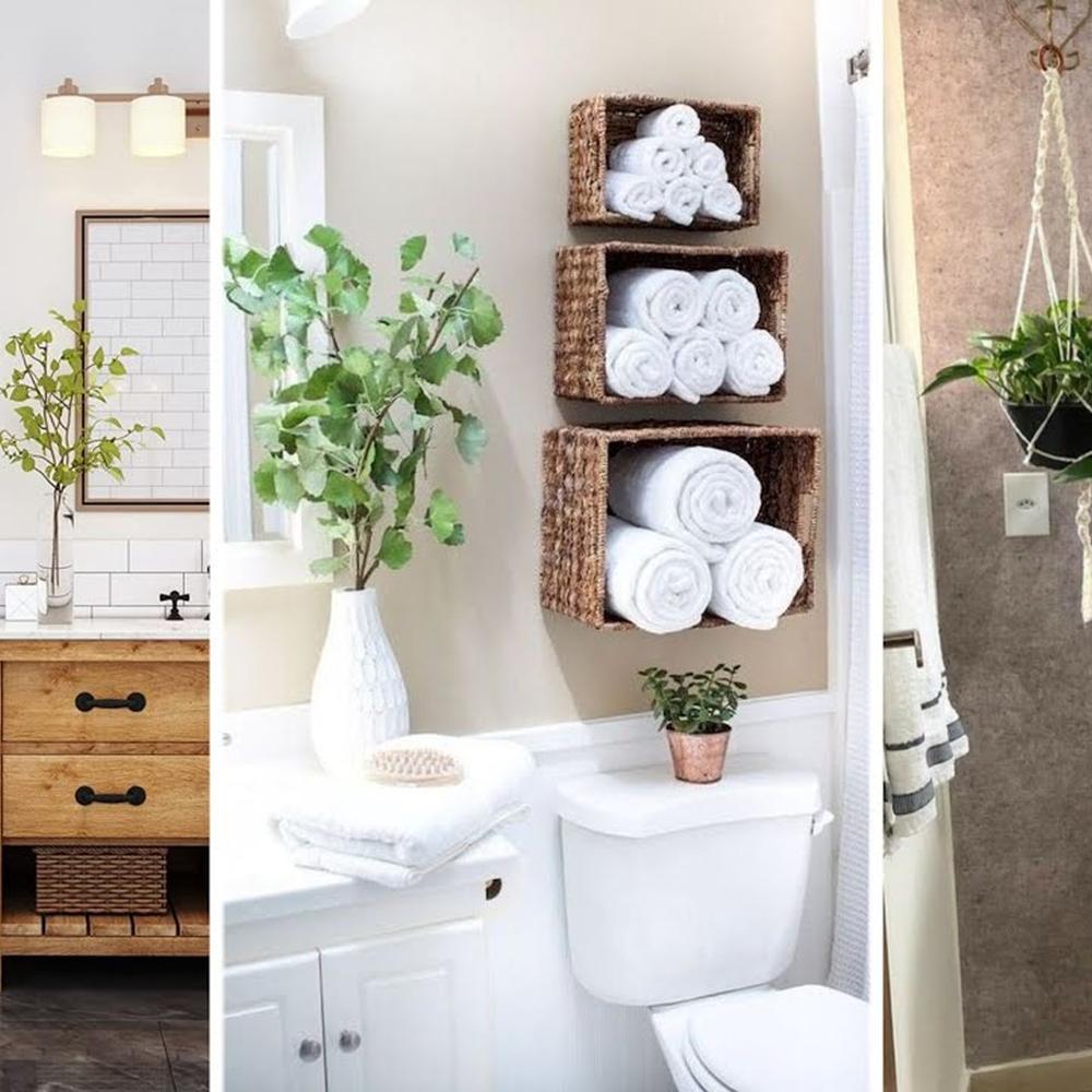Estanterías prácticas sobre el inodoro con elementos decorativos elegantes.