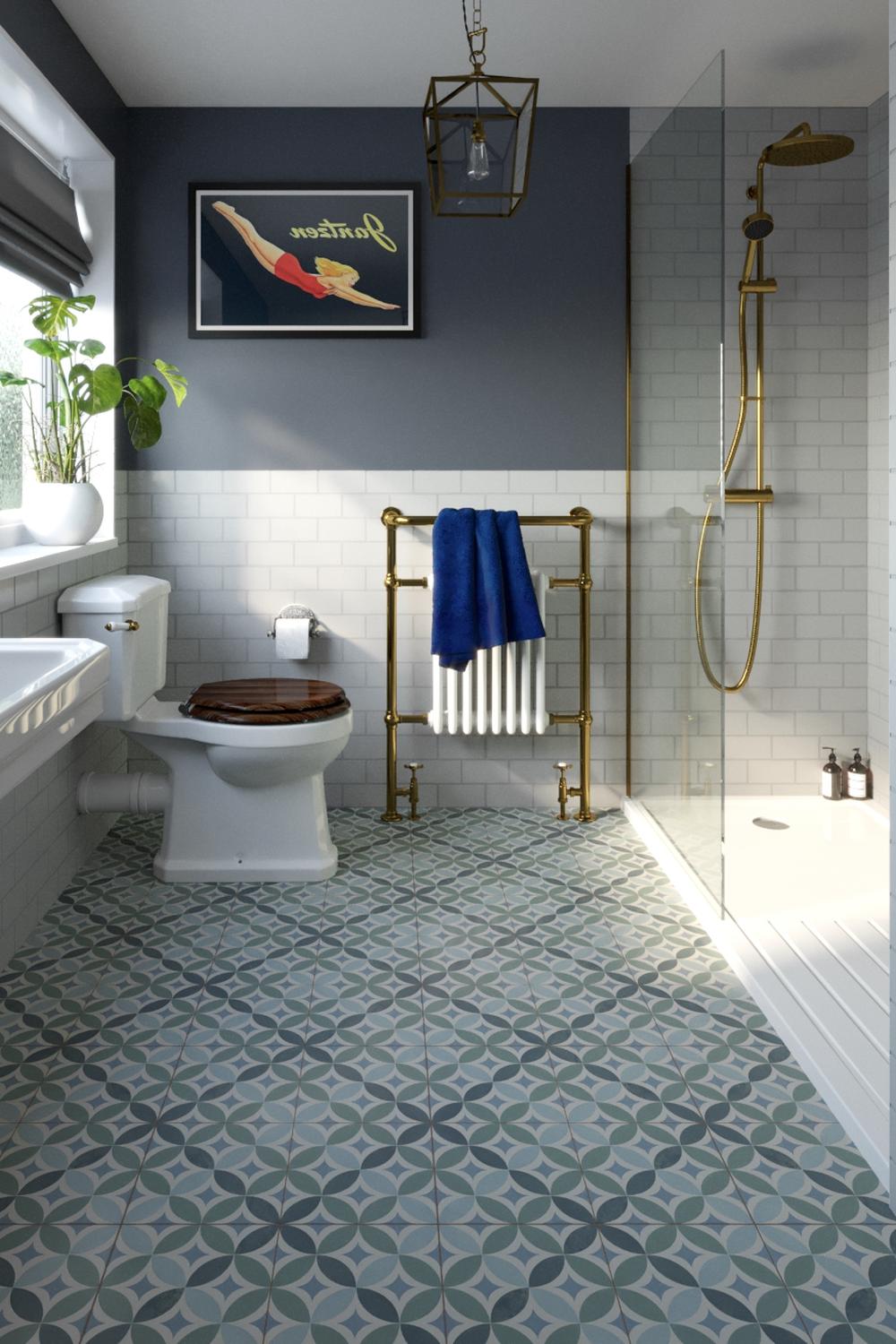 Stylish bathroom featuring bold patterned ceramic tiles in blue and gray shades