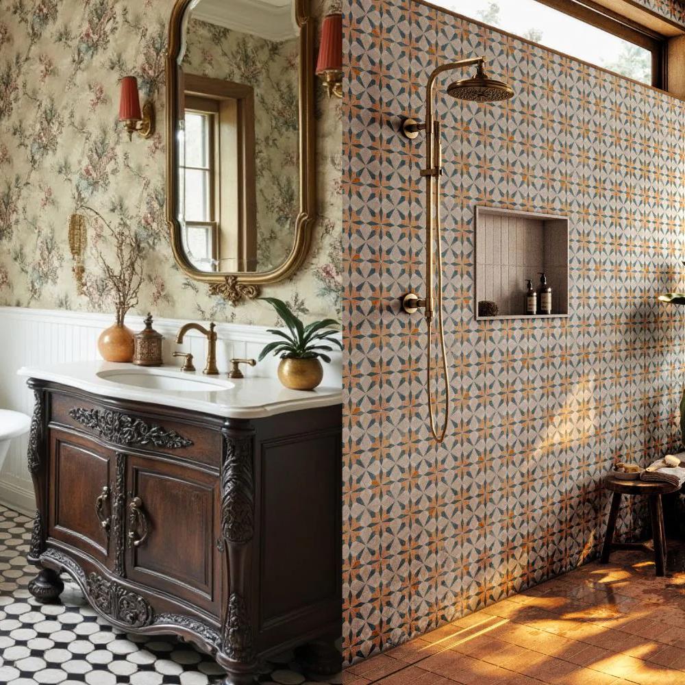 Bathroom with classic black-and-white tile flooring juxtaposed with traditional and modern decor