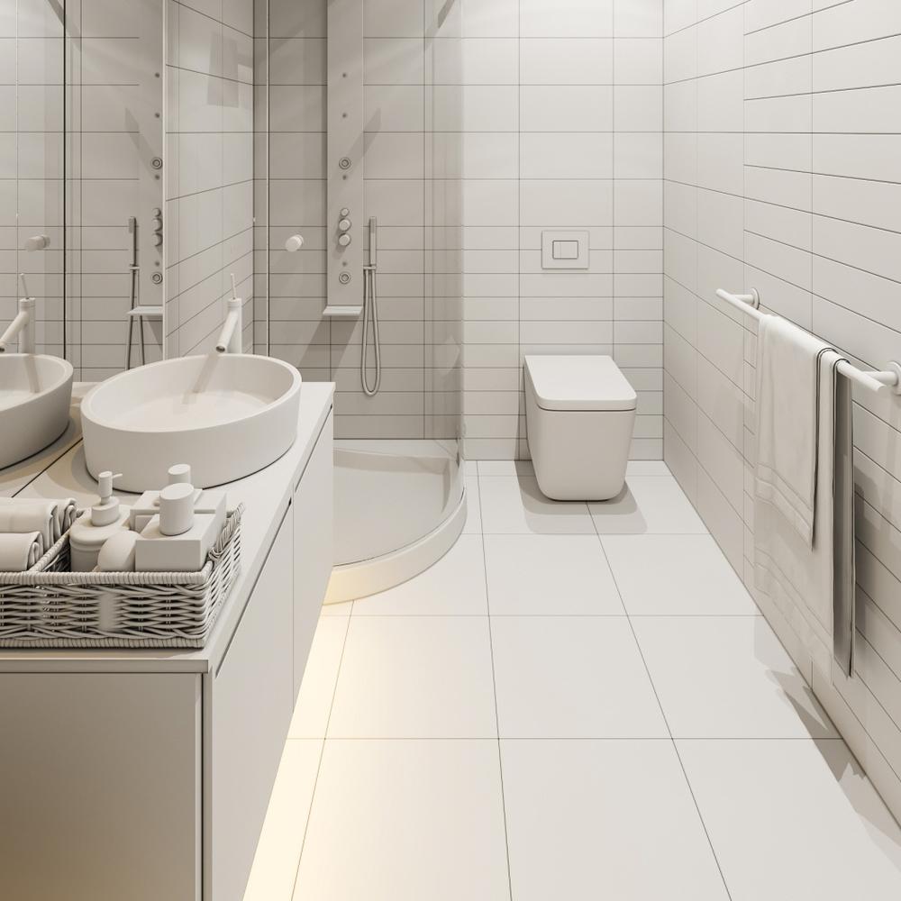 Contemporary bathroom with clean and minimalist design featuring white tiles