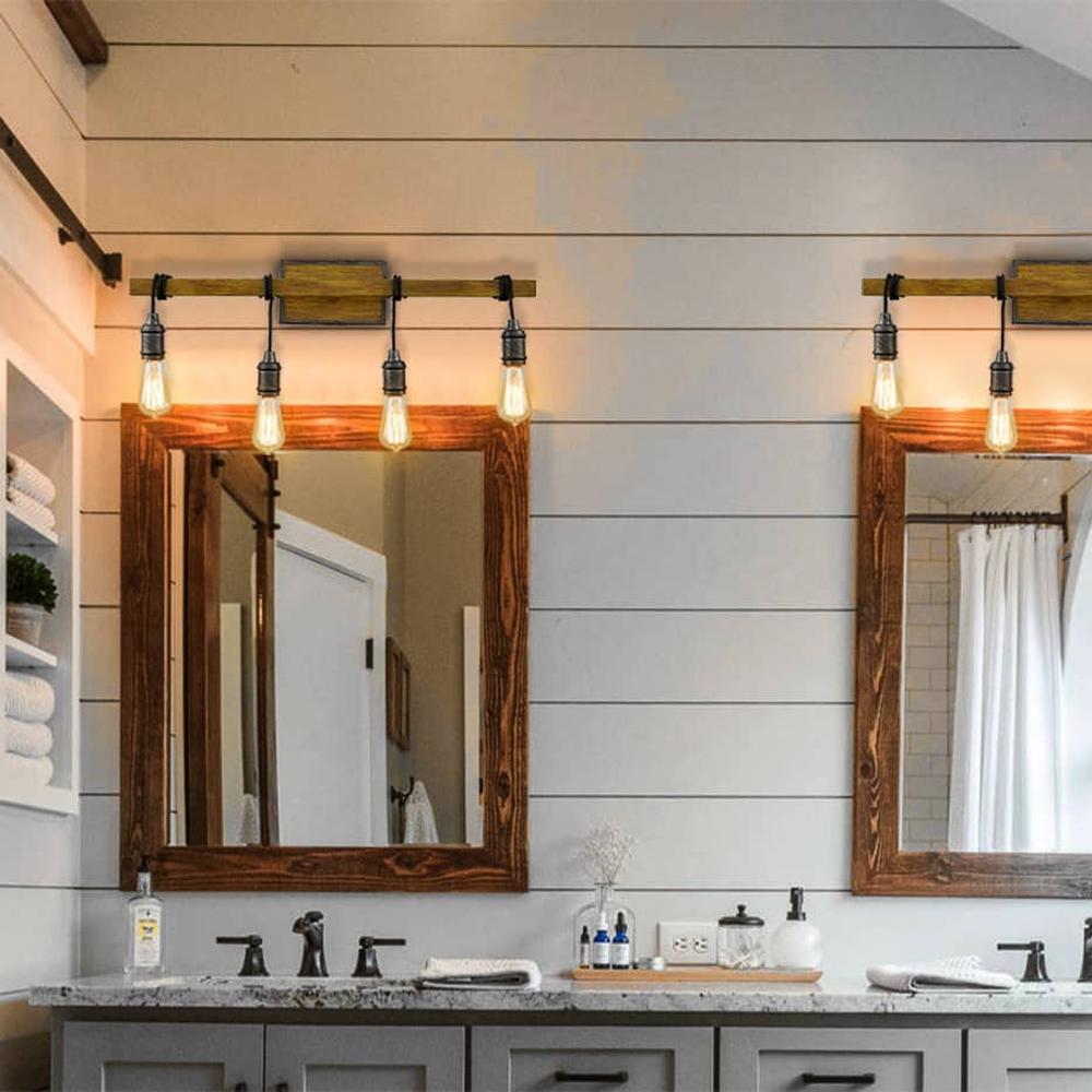 Iluminación rústica sobre un mobiliario de doble lavabo en el baño