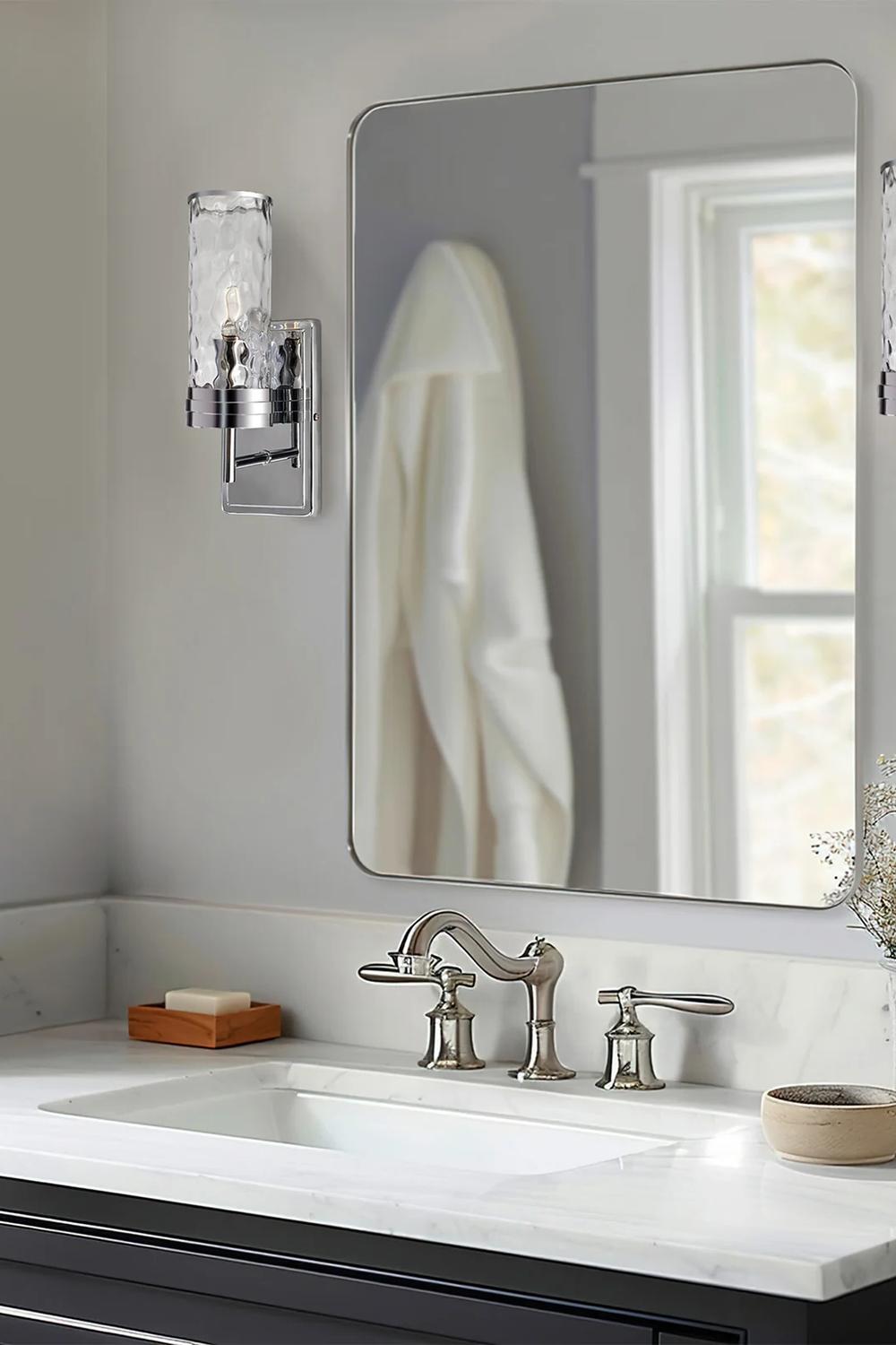 Stylish modern bathroom featuring bold wall patterns and elegant lighting.