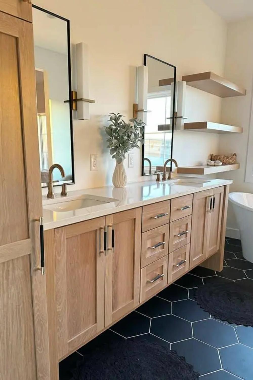 Charming bathroom featuring earthy tones and stylish lighting.