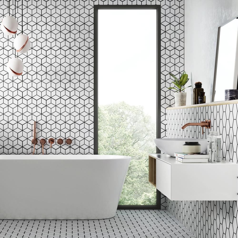 A modern bathroom showcasing a black and white mosaic pattern.