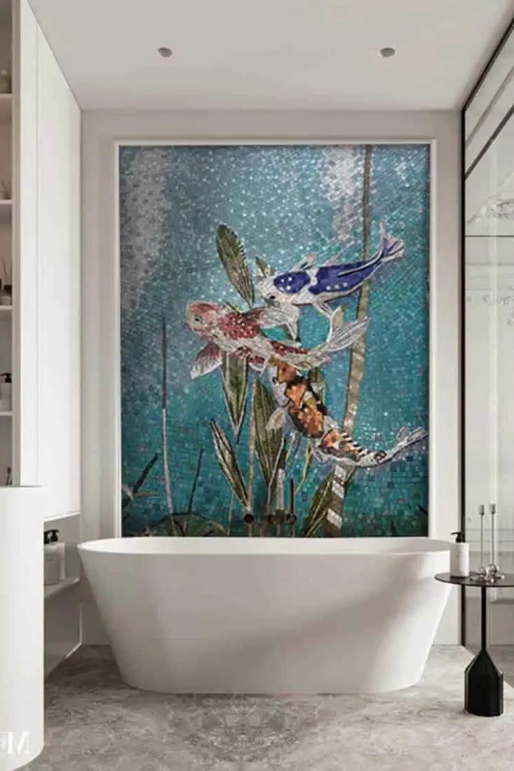 A bathroom featuring a vibrant mosaic mural of aquatic life.