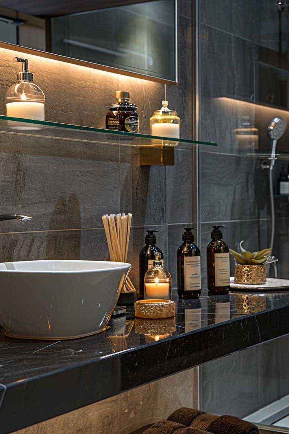 Stylish bathroom shelf with dark stones and natural decor