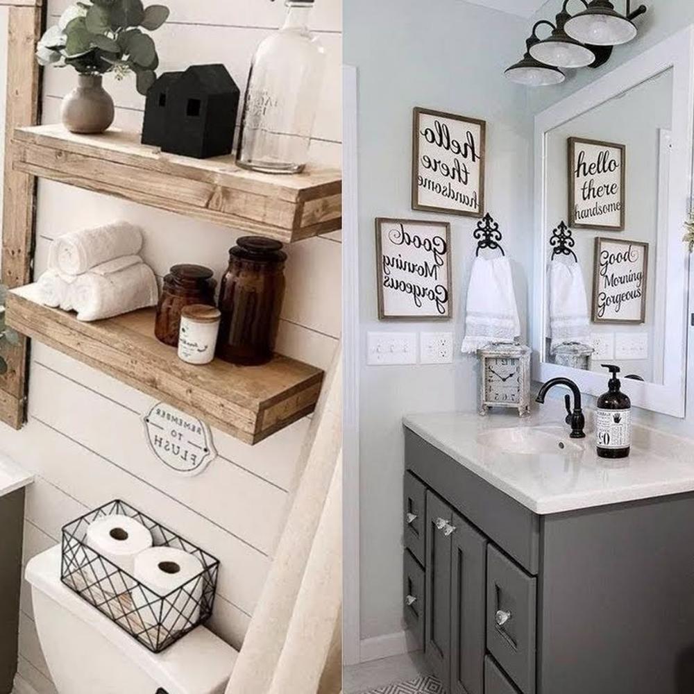 Rustic bathroom shelf decor with plants and charm