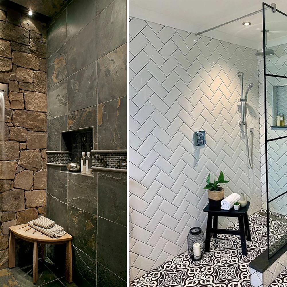 Contrast of rugged slate tiles with clean white subway tiles in a shower design