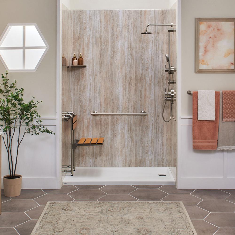 Natural wooden textured walls and a foldable bench in a modern shower space