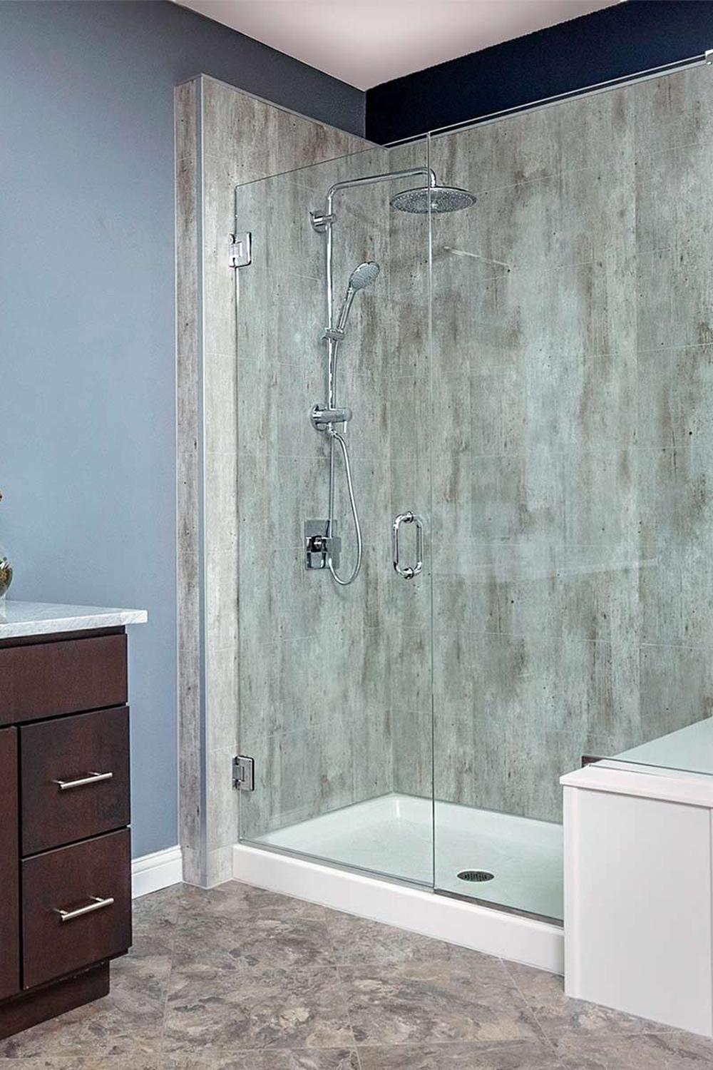 Modern shower featuring textured concrete walls and sleek fixtures