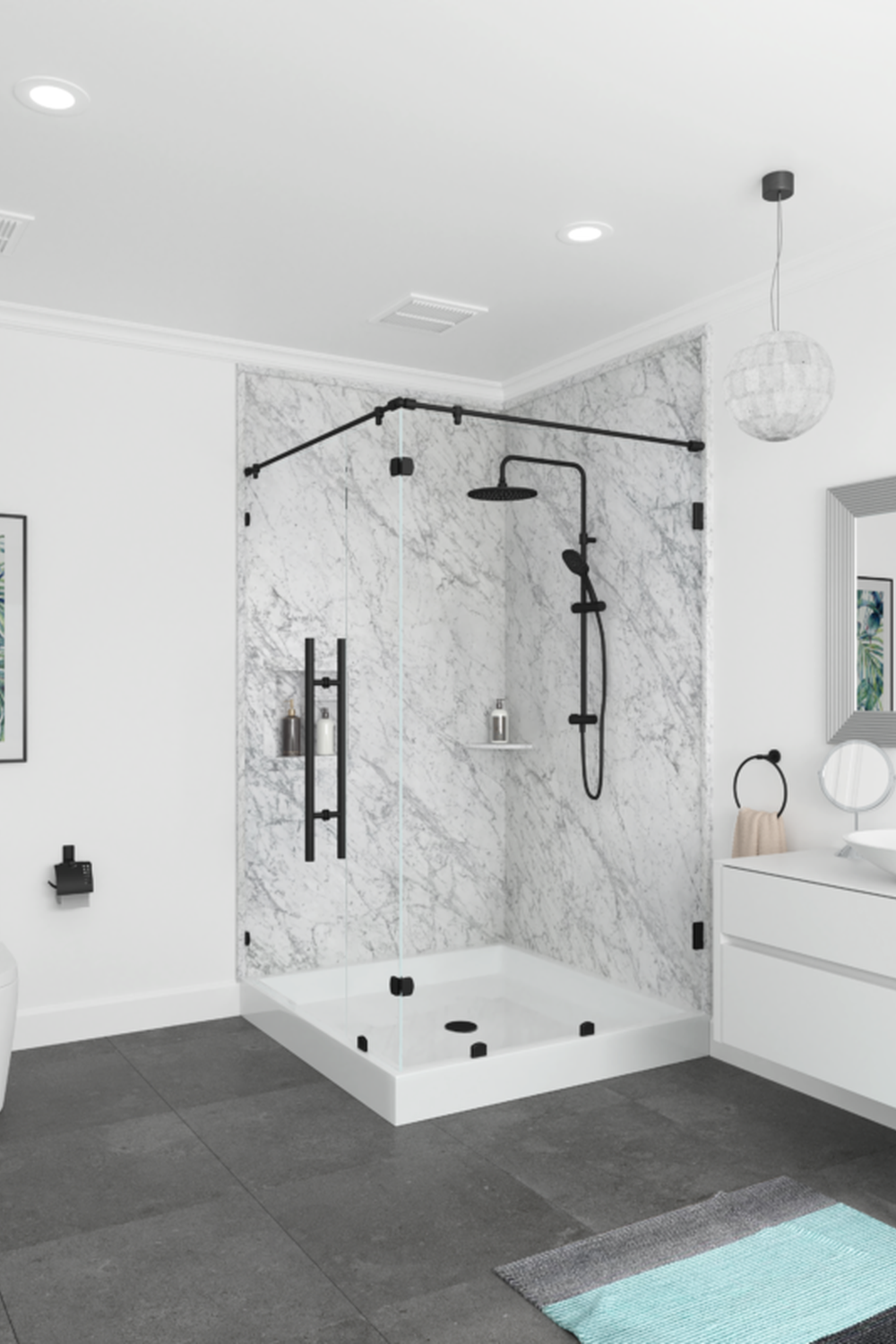 Luxurious marble shower with black fixtures for a striking effect