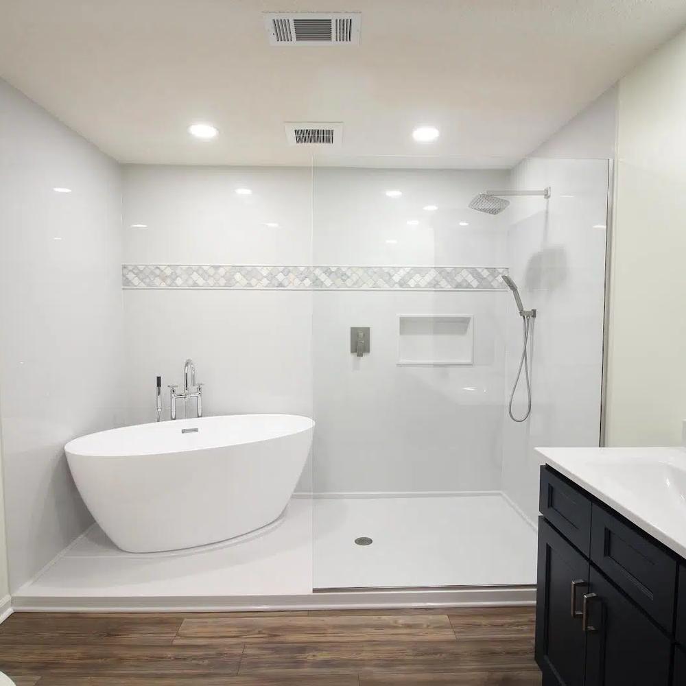 Playful tile patterns in a shower featuring both modern and classic designs