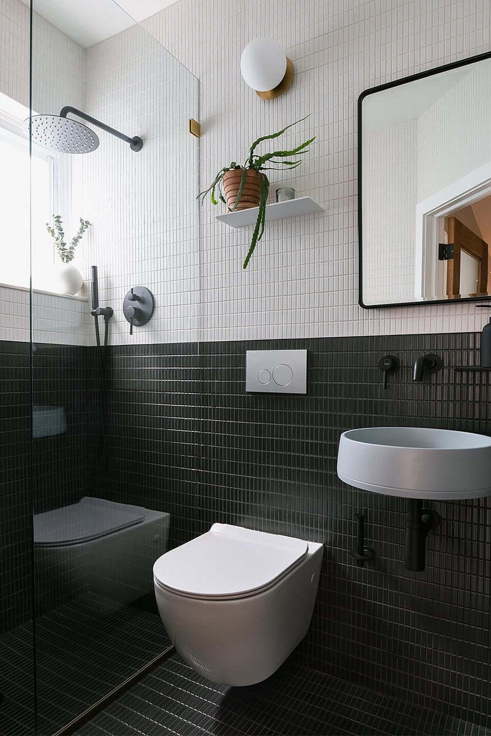 Sleek bathroom design with rich blue and white features