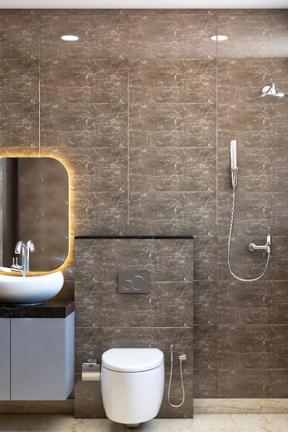 Elegant bathroom with rich earthy tones and modern fixtures