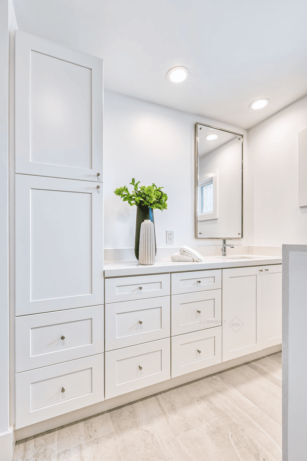 Bright White Bathroom Vanity with Tall Side Cabinet
