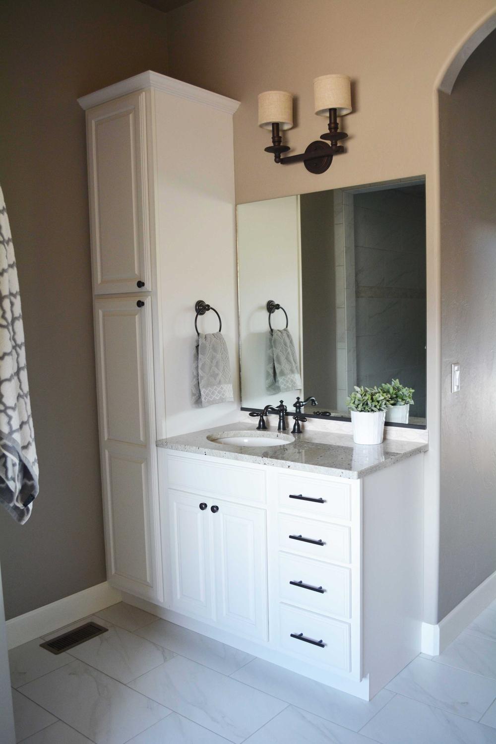 Modern White and Wood Bathroom Vanity with Tall Side Cabinet