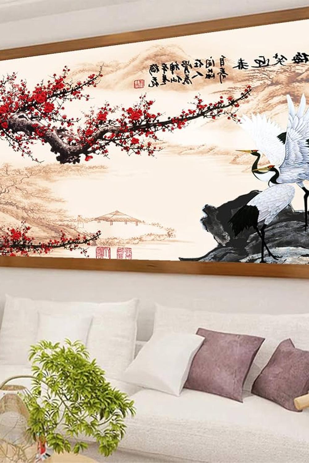 Bathroom featuring elegant Asian-inspired floral artwork