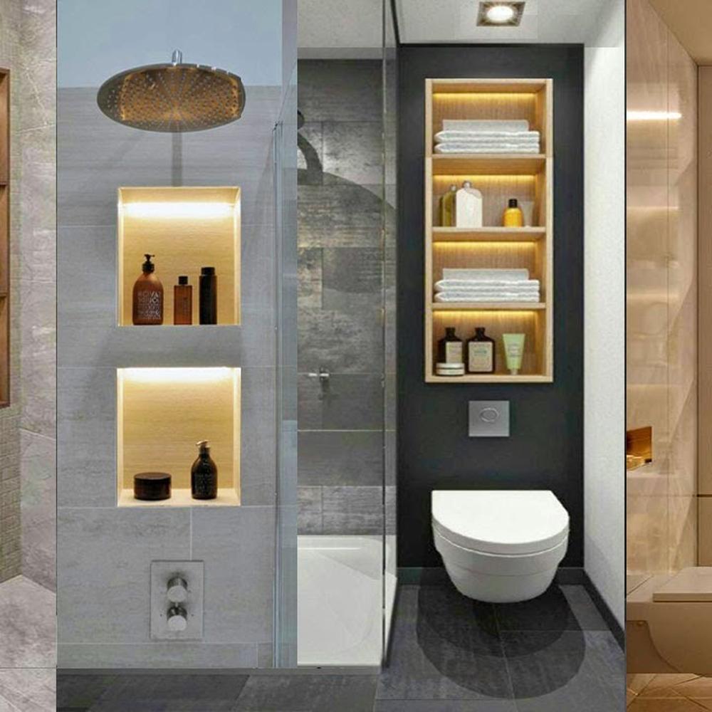 Estantes abiertos en un baño con ducha moderna