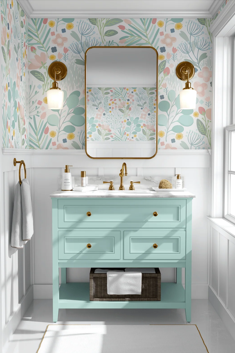 Baño moderno con pared de acento de papel pintado floral en colores pastel