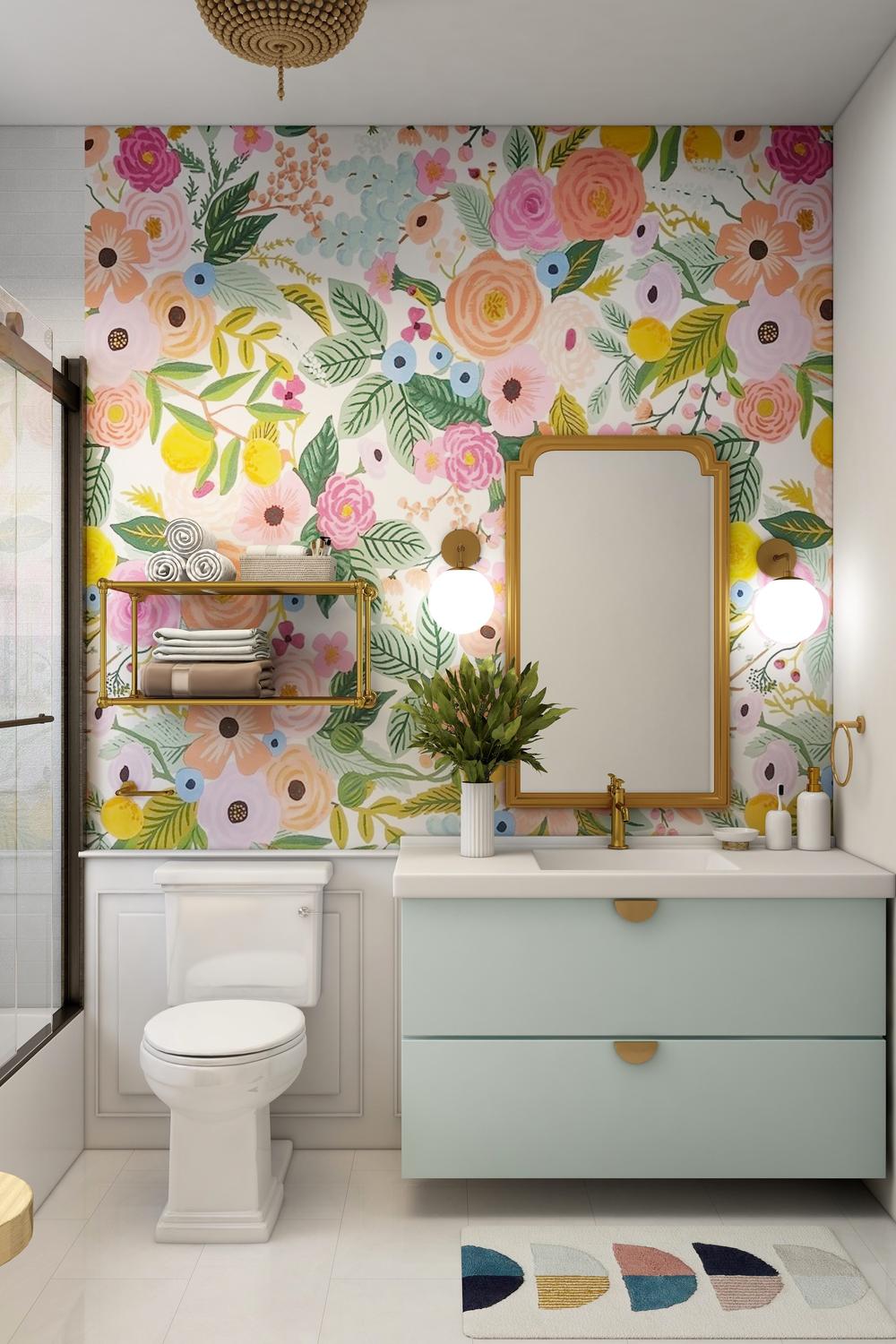 A bathroom with striking floral wallpaper featuring a colorful design of large flowers in pink, blue and yellow colors with lush green leaves.