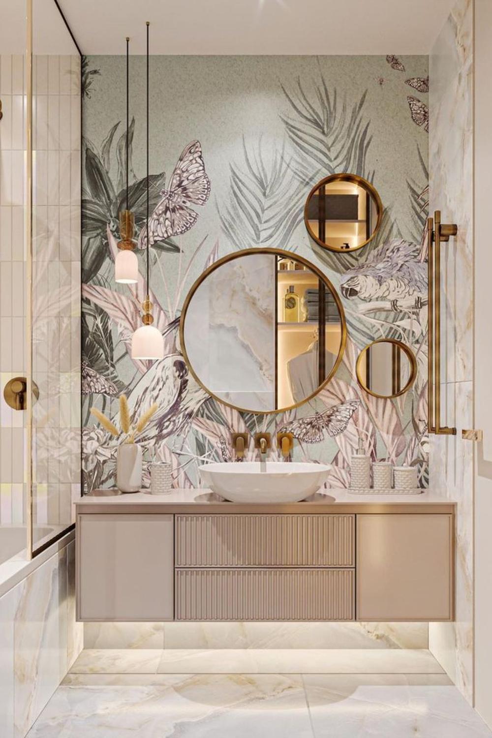 A bathroom featuring lush botanical wallpaper with pastel leaves and delicate butterflies for a serene atmosphere.