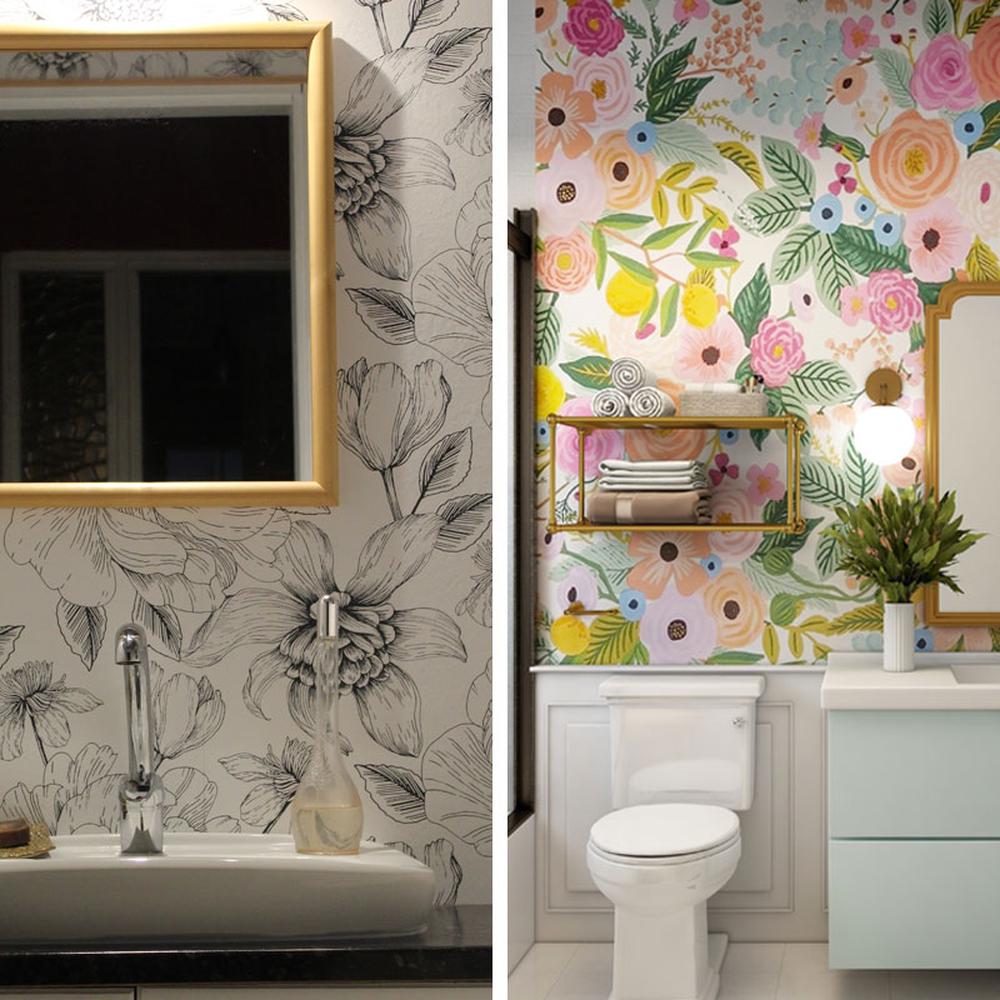 A modern bathroom showcasing a classic black and white floral wallpaper design.