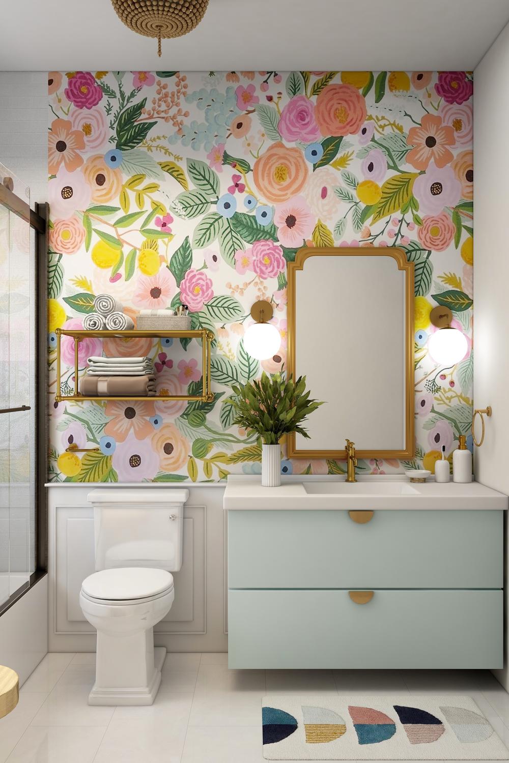 A modern bathroom featuring vibrant floral wallpaper with large flowers in pink, orange and blue colors.
