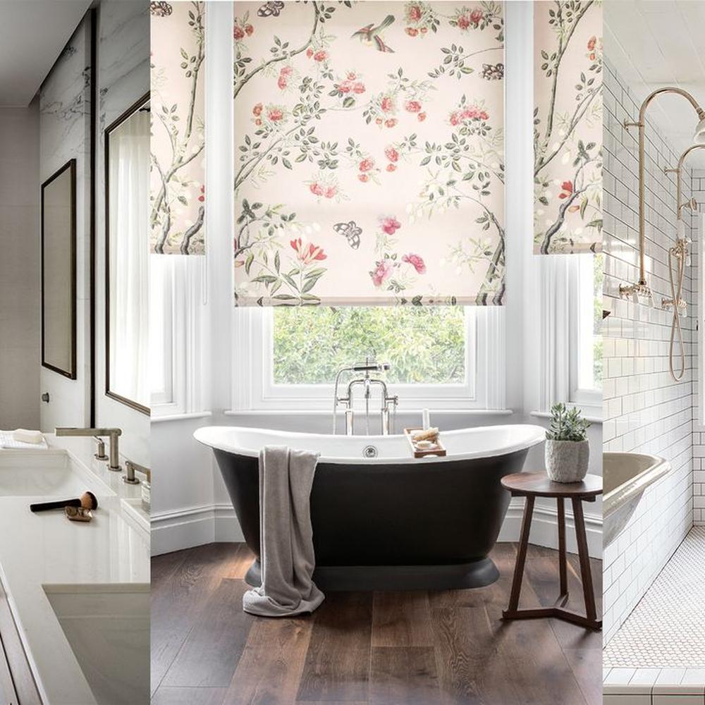 Whimsical Floral Patterns for Fun Elegance - a bathroom showcasing whimsical floral treatments with modern fixtures.