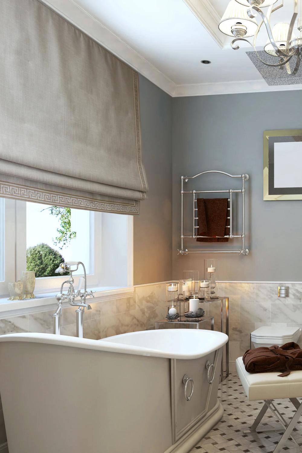 Chic Dual-Layer Window Treatments for Luxurious Versatility - a bathroom with dual-layered window treatments for a luxe feel.