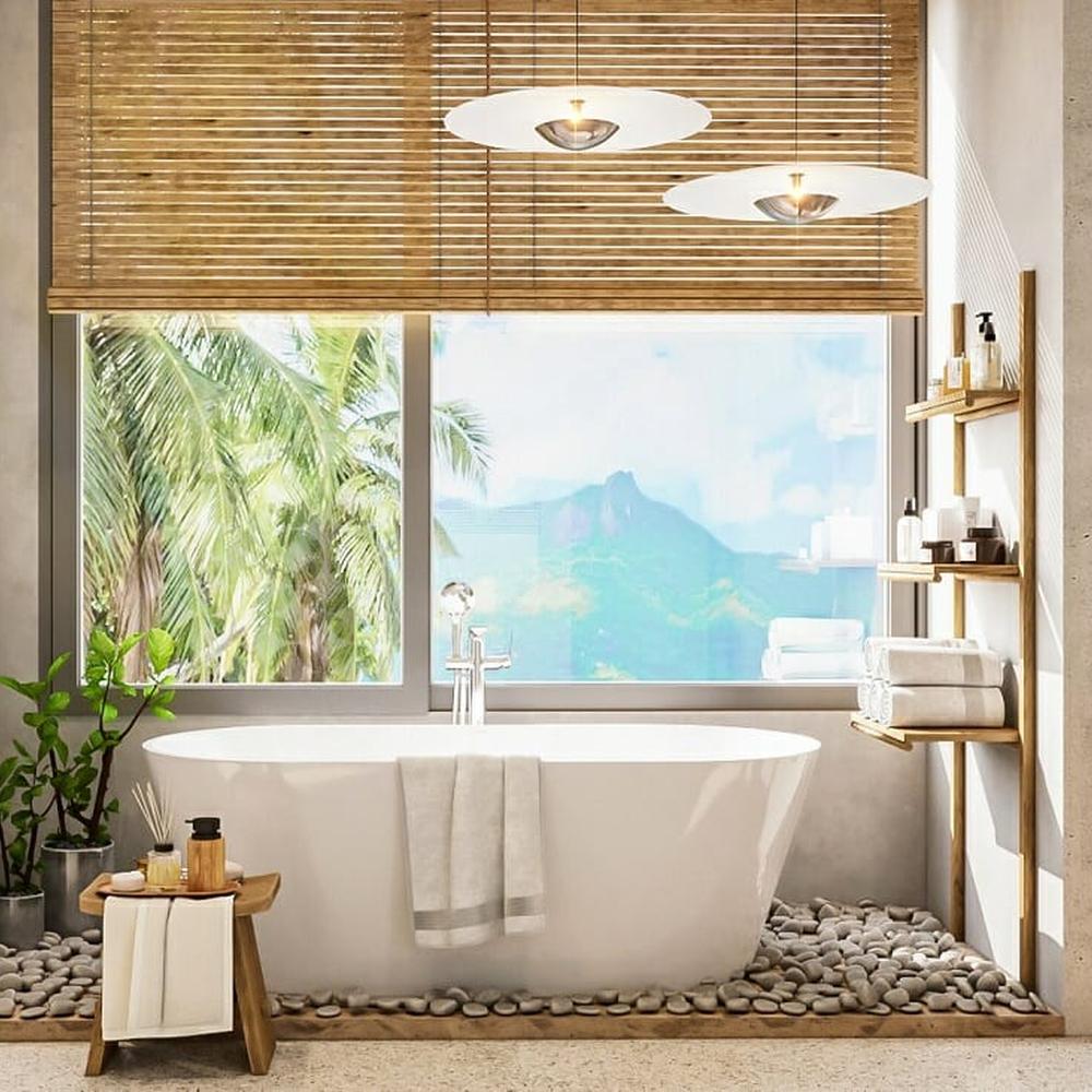Heavenly Serene Bamboo Shades for Tranquil Decor - a bathroom with serene bamboo shades and soft color tones.