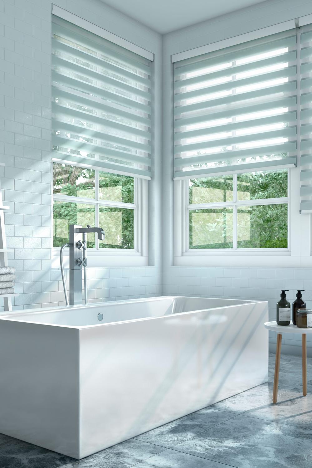 Contemporary Ambiance with Quality Dual Shades - a modern bathroom laden with dual-layered shades.