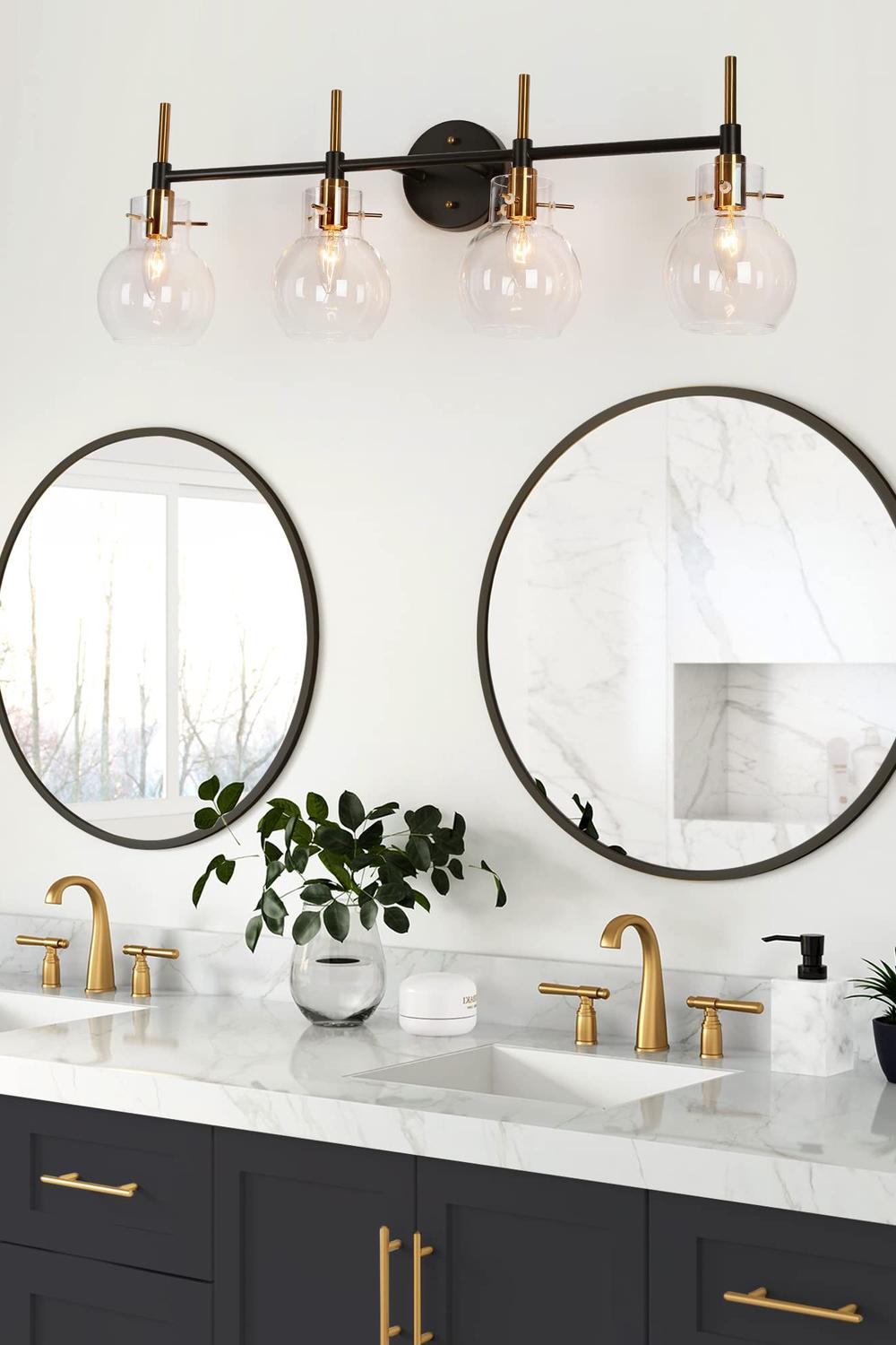 A modern bathroom design featuring black fixtures, dual sinks, and bright accents.