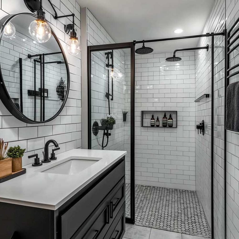 An elegant bathroom featuring black fixtures and warm white tiles.