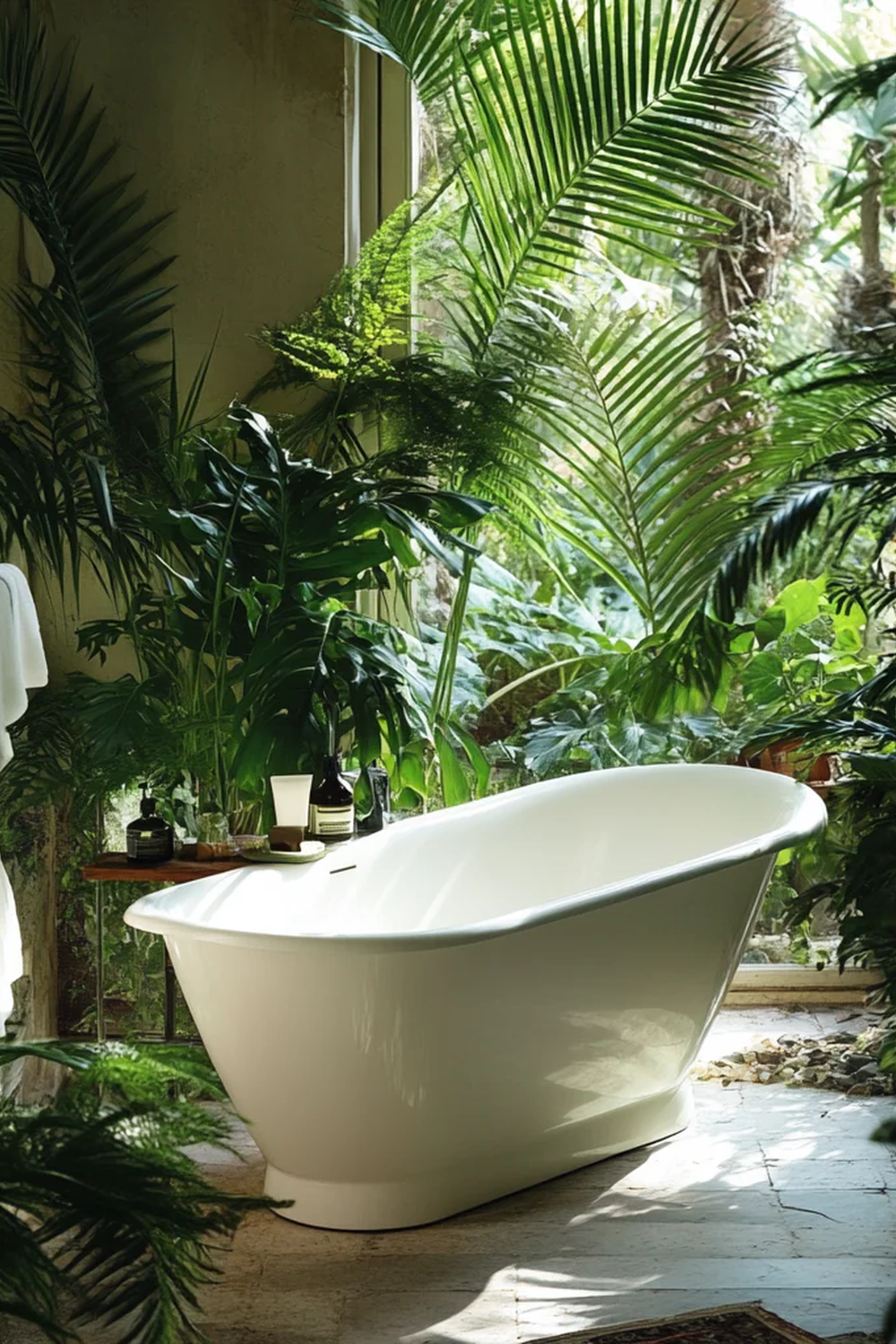 Freestanding bathtub surrounded by vibrant green plants