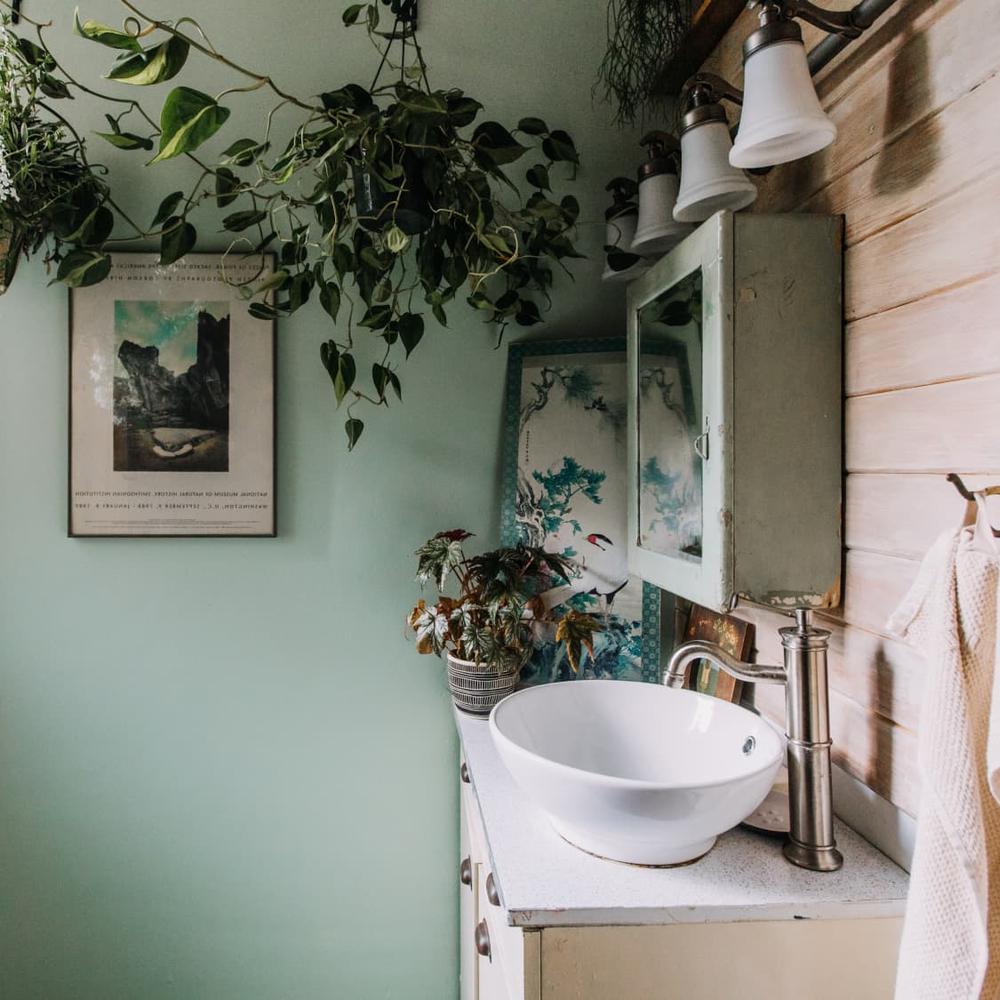 Charming bathroom with a soothing color palette and plants