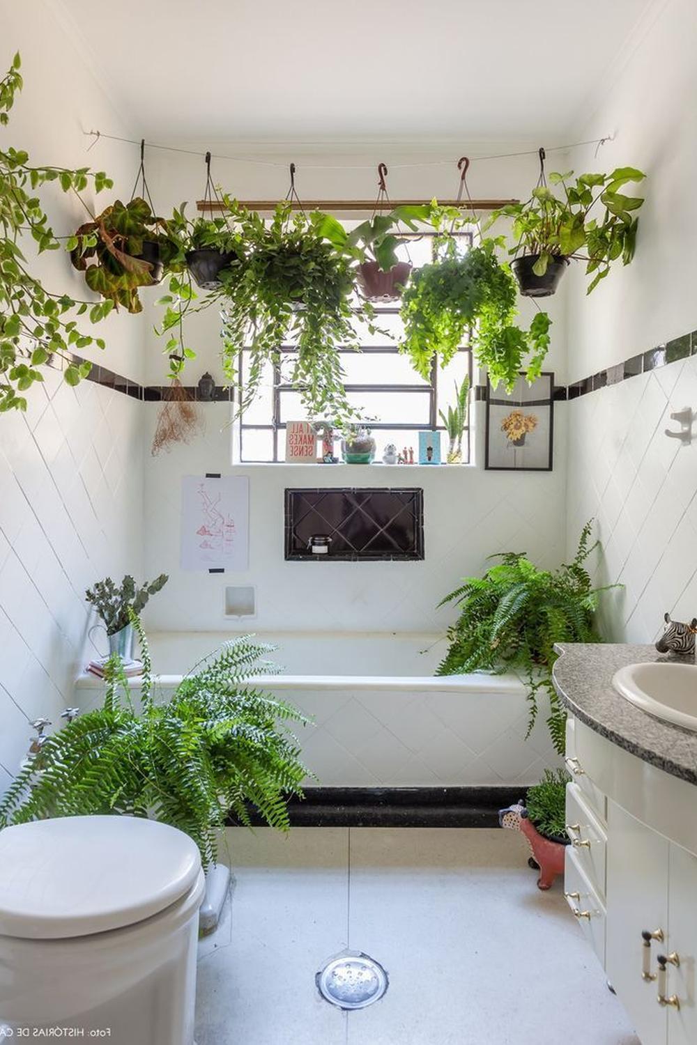 Cozy bathroom featuring plants and a white bathtub
