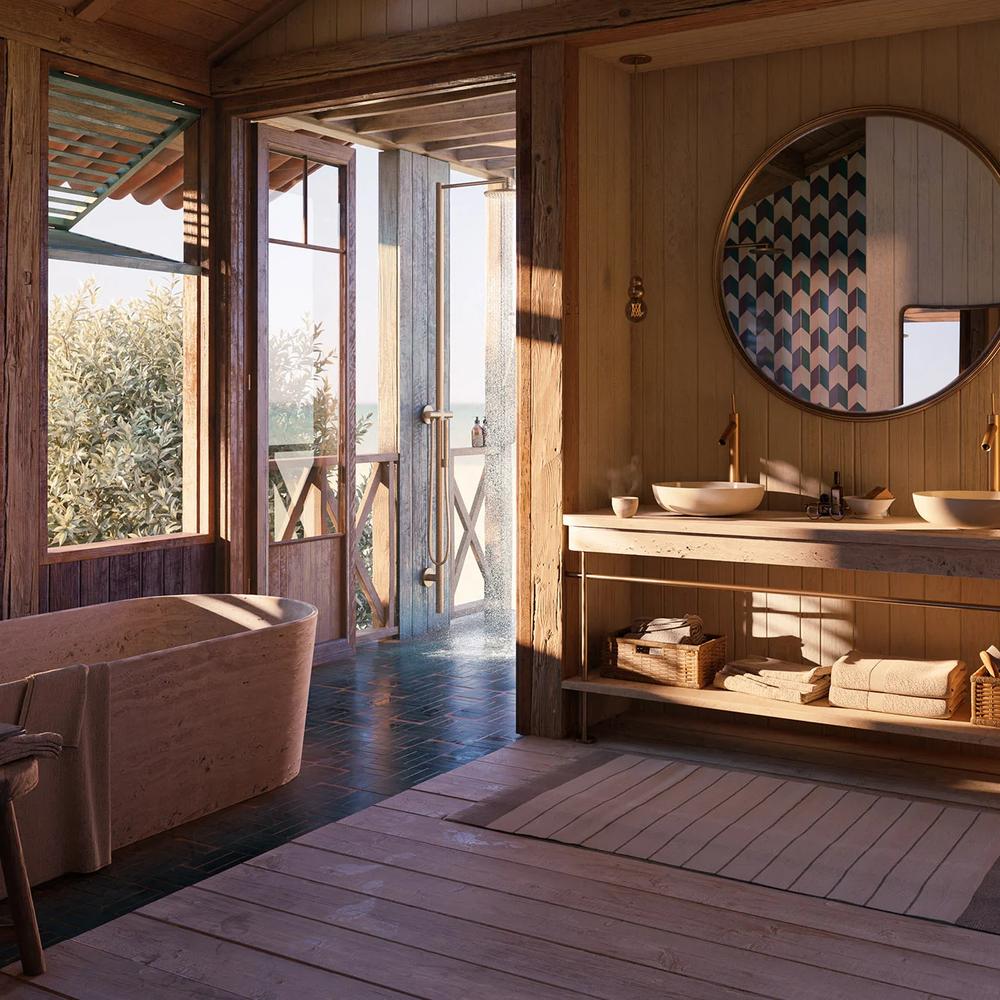 Baño acogedor con maderas y tonos cálidos