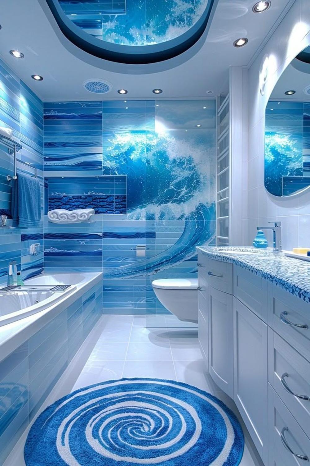 Baño vibrante con un mural artístico que evoca el océano.