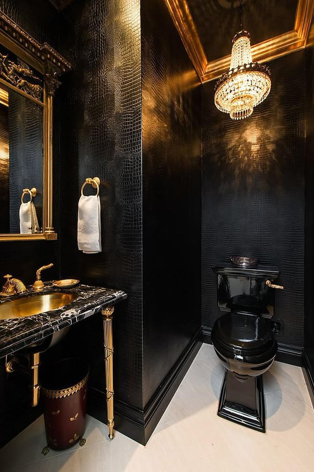 Baño opulento en negro y oro con diseño elegante y contrastes de color