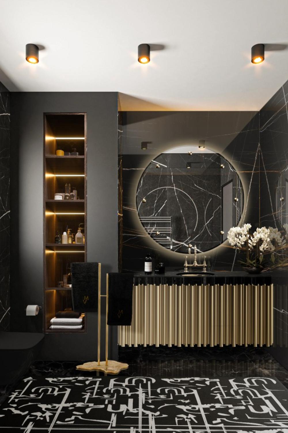 Baño contemporáneo con acentos en oro y negro