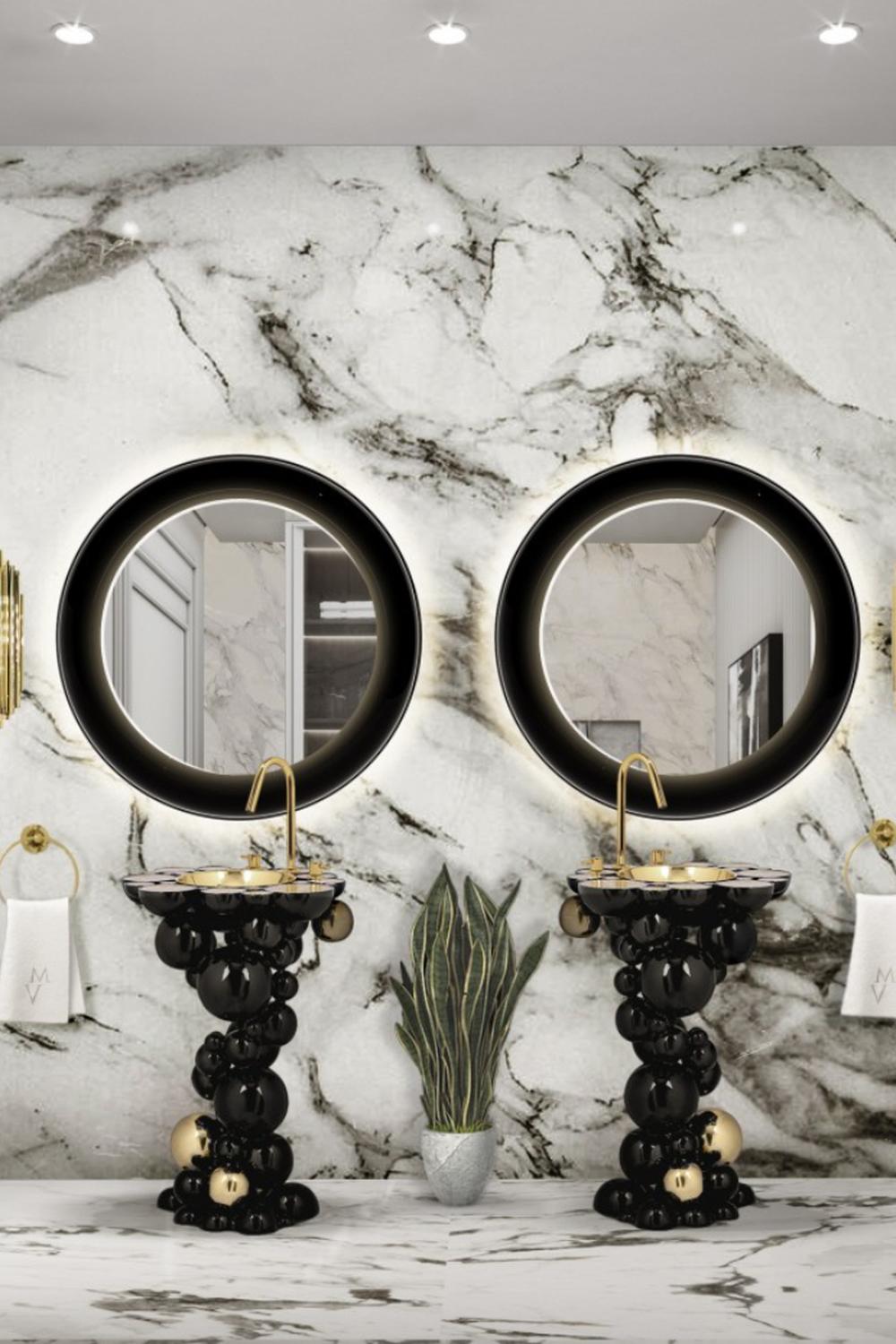 Baño escultural con detalles en negro y oro