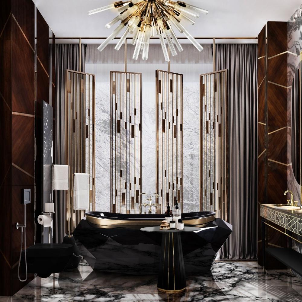 Baño de ensueño que destaca en negro y oro
