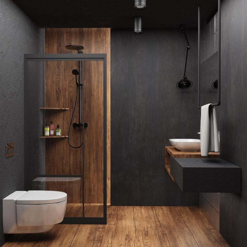 Modern bath design featuring a sleek glass shower enclosure with wooden panels and a stylish dark stone vanity.