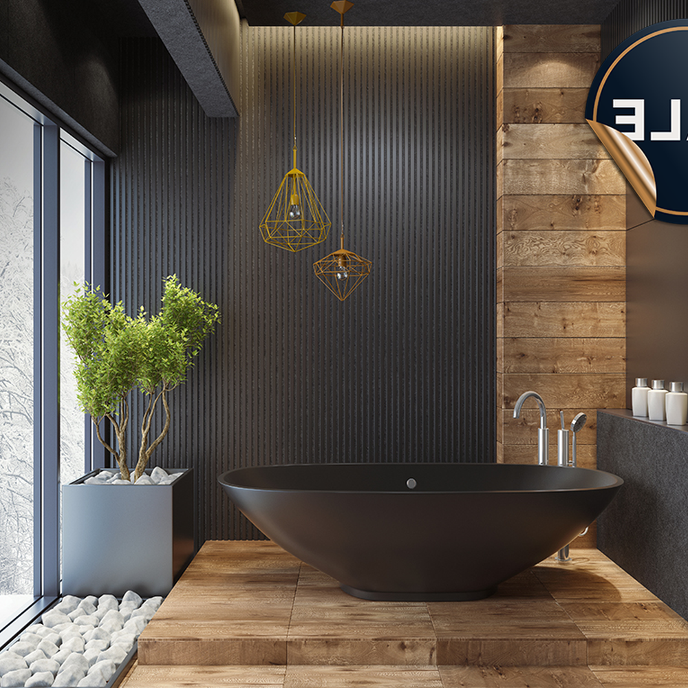 Elegant modern bathroom featuring a freestanding black bathtub on a wooden floor and stylish pendant lights.